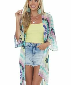 HESED Tops Aquamarine Multicolor Printed Duster Kimono