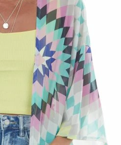 HESED Tops Aquamarine Multicolor Printed Duster Kimono