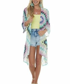 HESED Tops Aquamarine Multicolor Printed Duster Kimono