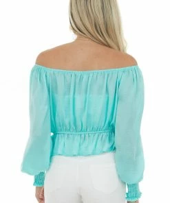 She + Sky Tops Aquamarine Silky Smocked Cuff Peplum Blouse