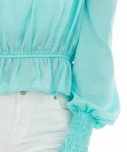 She + Sky Tops Aquamarine Silky Smocked Cuff Peplum Blouse