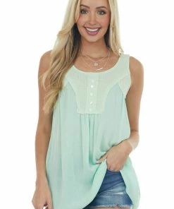 Hailey & Co Mint Thermal Knit Contrast Woven Tank Top Tops