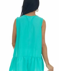 Haptics Aquamarine Tiered Sleeveless Flowy Blouse