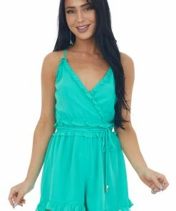 HYFVE Aquamarine V Neck Frilled Surplice Woven Romper Dresses