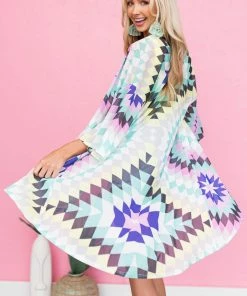 HESED Tops Aquamarine Multicolor Printed Duster Kimono