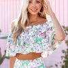 Entro Aquamarine Floral Off Shoulder Overlay Blouse