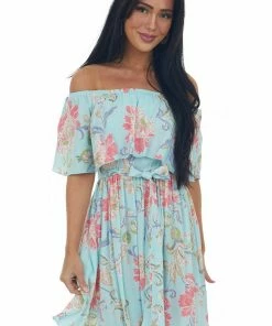 Lovely Melody Dresses Arctic Blue Floral Off Shoulder Short Dress