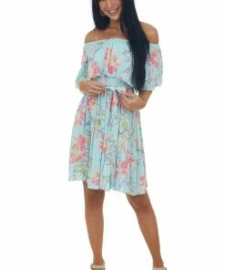Lovely Melody Dresses Arctic Blue Floral Off Shoulder Short Dress 10 Lovely Melody Dresses Arctic Blue Floral Off Shoulder Short Dress
