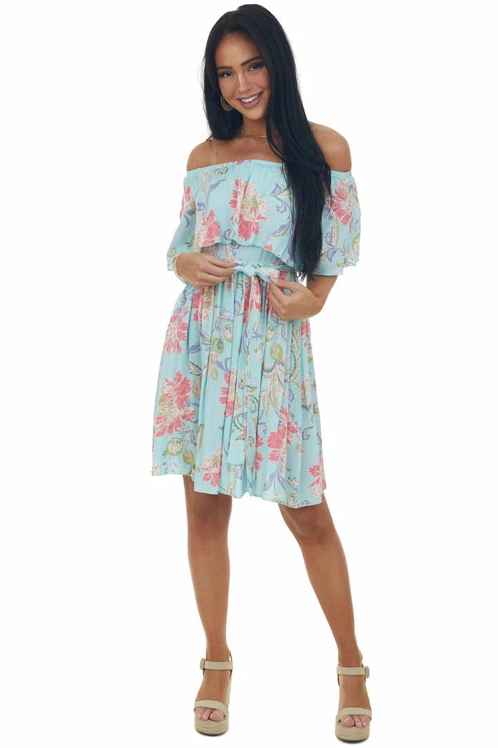 Lovely Melody Dresses Arctic Blue Floral Off Shoulder Short Dress 5 Lovely Melody Dresses Arctic Blue Floral Off Shoulder Short Dress