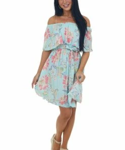 Lovely Melody Dresses Arctic Blue Floral Off Shoulder Short Dress 9 Lovely Melody Dresses Arctic Blue Floral Off Shoulder Short Dress