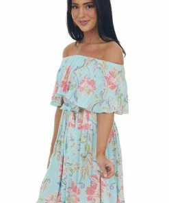 Lovely Melody Dresses Arctic Blue Floral Off Shoulder Short Dress 11 Lovely Melody Dresses Arctic Blue Floral Off Shoulder Short Dress