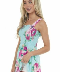 Vanilla Bay Arctic Blue Floral Print Smocked Tank Top