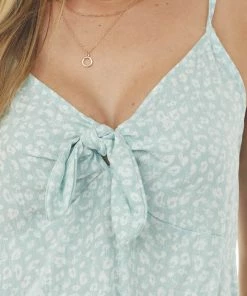 SugarFox Arctic Blue Leopard Print V Neck Woven Tank Top Tops