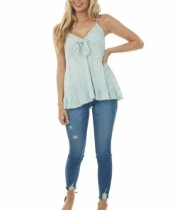 SugarFox Arctic Blue Leopard Print V Neck Woven Tank Top Tops