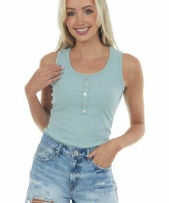 Vanilla Bay Arctic Blue Sleeveless Ribbed Knit Bodysuit Tops