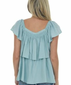 Heyson Tops Arctic Blue Square Neck Ruffle Overlay Blouse
