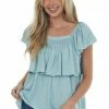Heyson Tops Arctic Blue Square Neck Ruffle Overlay Blouse