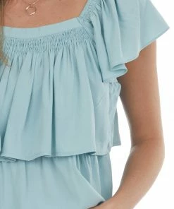 Heyson Tops Arctic Blue Square Neck Ruffle Overlay Blouse