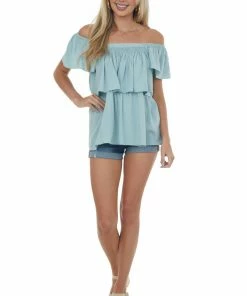 Heyson Tops Arctic Blue Square Neck Ruffle Overlay Blouse