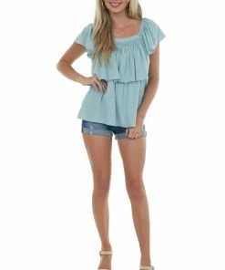 Heyson Tops Arctic Blue Square Neck Ruffle Overlay Blouse