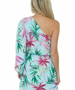 Caramela Dresses Arctic Blue Tropical Print One Shoulder Short Dress