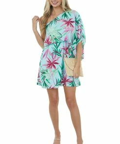 Caramela Dresses Arctic Blue Tropical Print One Shoulder Short Dress