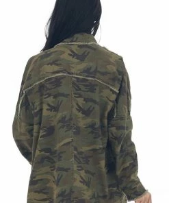 Davi & Dani Army Green Camo Button Up Frayed Trim Jacket