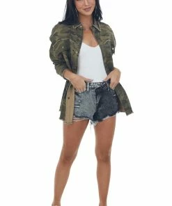 Davi & Dani Army Green Camo Button Up Frayed Trim Jacket