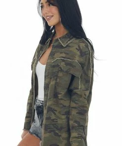 Davi & Dani Army Green Camo Button Up Frayed Trim Jacket