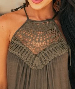 Miss Sparkling Army Green Halter Neck Lace Yoke Woven Midi Dress Dresses