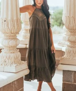 Miss Sparkling Army Green Halter Neck Lace Yoke Woven Midi Dress Dresses