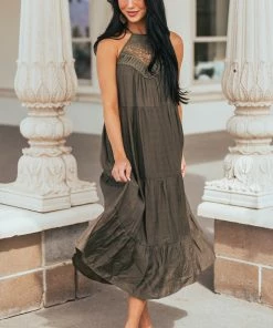 Miss Sparkling Army Green Halter Neck Lace Yoke Woven Midi Dress Dresses