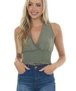 She + Sky Tops Army Smocked Surplice Sleeveless Blouse