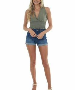 She + Sky Tops Army Smocked Surplice Sleeveless Blouse
