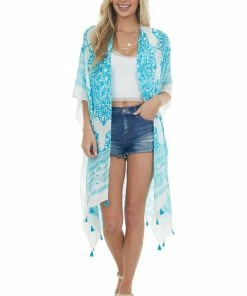 ANGIE Azure Mandala Printed Kimono With Tassels