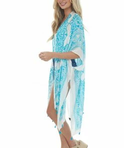 ANGIE Azure Mandala Printed Kimono With Tassels