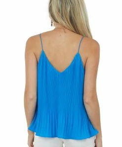 She + Sky Azure Pleated Swing Cami Blouse With V Neck Tops
