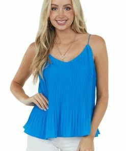 She + Sky Azure Pleated Swing Cami Blouse With V Neck Tops