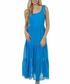 She + Sky Azure Sleeveless Shoulder Tie Tiered Maxi Dress