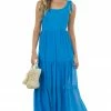 She + Sky Azure Sleeveless Shoulder Tie Tiered Maxi Dress