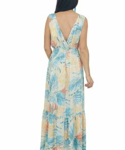 Lush Clothing Azure Tropical Print Plunging V Maxi Dress