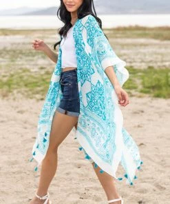 ANGIE Azure Mandala Printed Kimono With Tassels