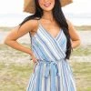 Staccato Dresses Azure Striped Surplice Romper With Waist Tie