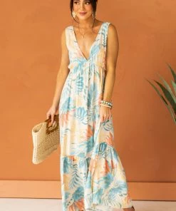 Lush Clothing Azure Tropical Print Plunging V Maxi Dress