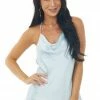 Skies Are Blue Baby Blue Cowl Neck Racerback Satin Camisole Top Tops