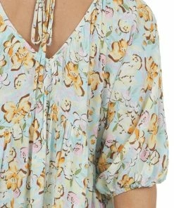 143 Story Baby Blue Floral Print V Neck Empire Waist Top