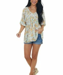 143 Story Baby Blue Floral Print V Neck Empire Waist Top