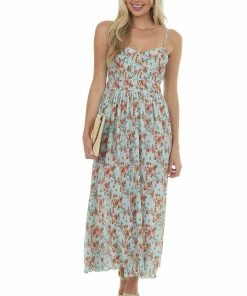 Umgee Baby Blue Floral Sleeveless Pleated Midi Dress 10 Umgee Baby Blue Floral Sleeveless Pleated Midi Dress