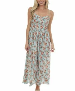 Umgee Baby Blue Floral Sleeveless Pleated Midi Dress
