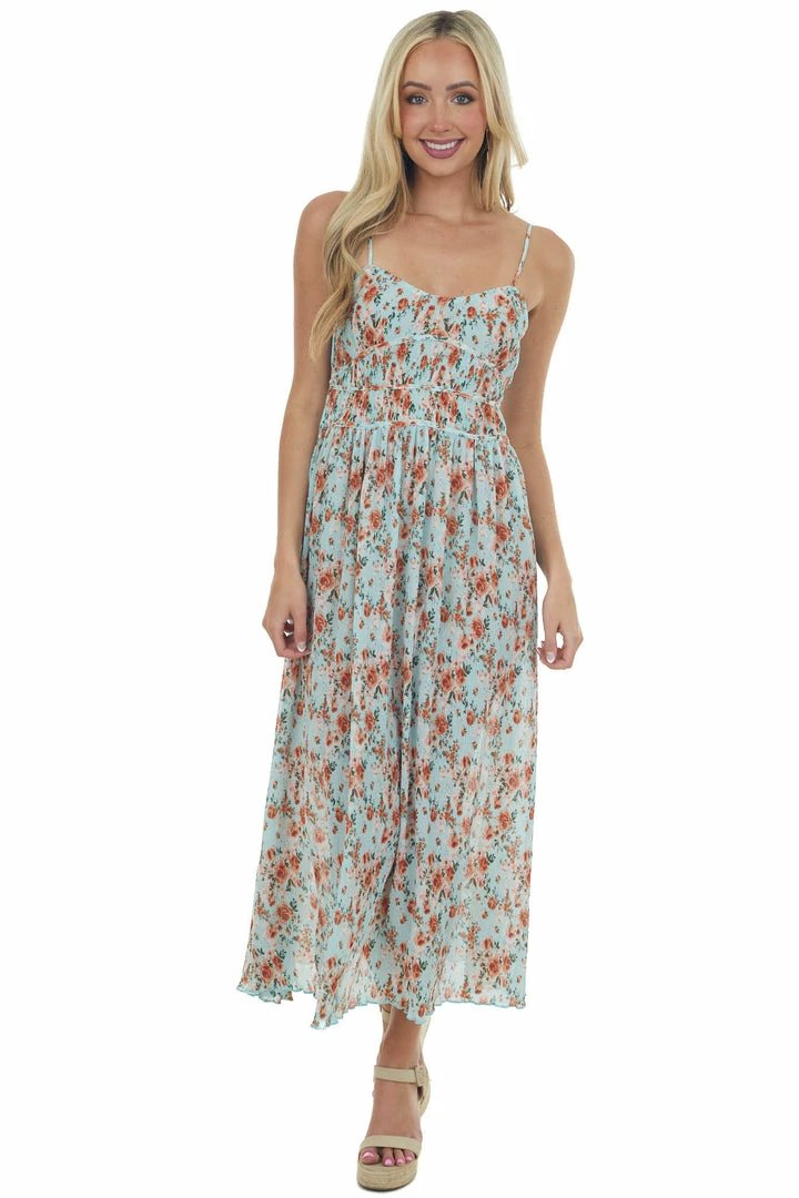 Umgee Baby Blue Floral Sleeveless Pleated Midi Dress 4 Umgee Baby Blue Floral Sleeveless Pleated Midi Dress